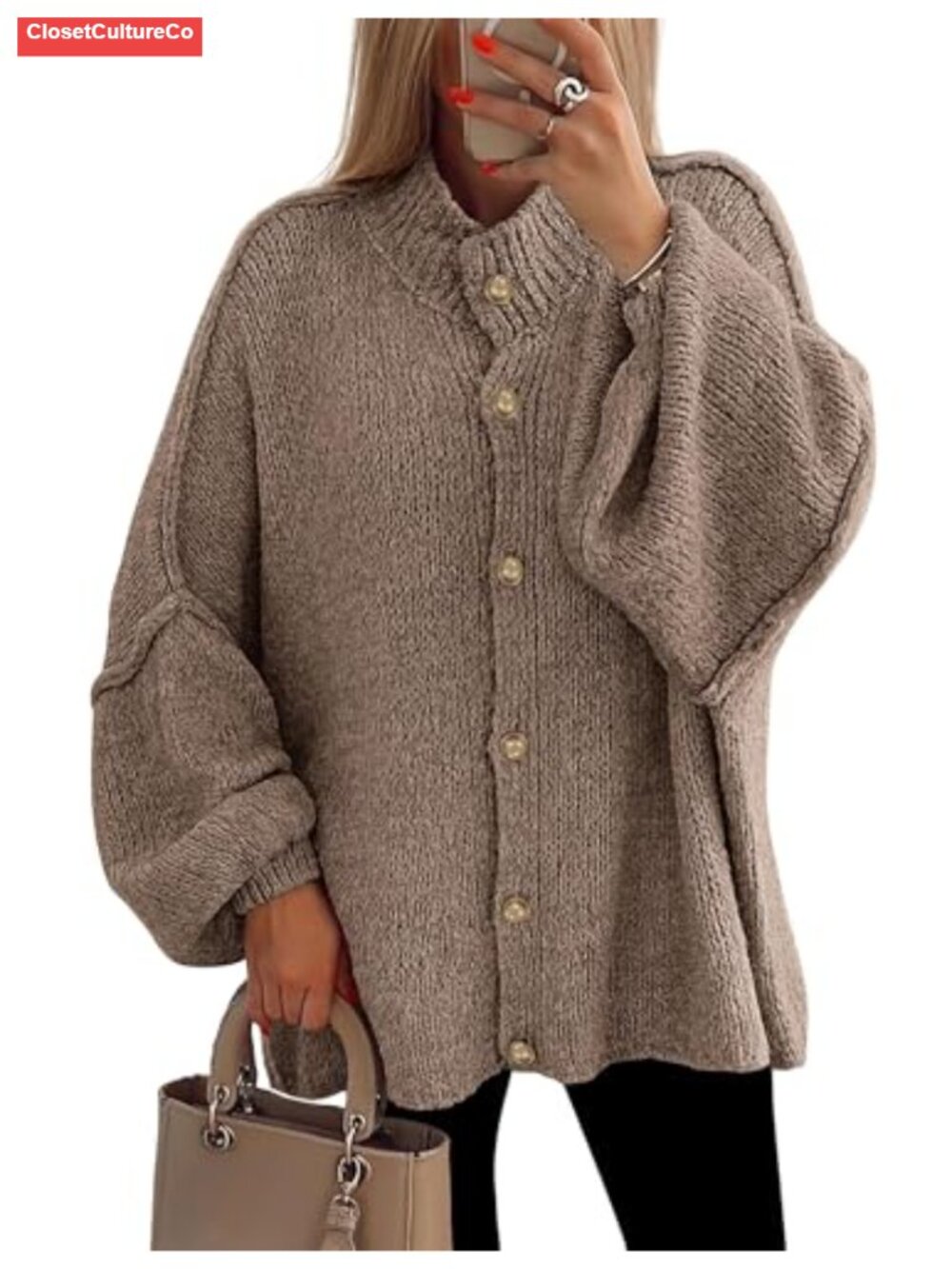 Oversized Chunky Knit Cardigan Sweater Button Down Mock Neck Lantern Sleeve